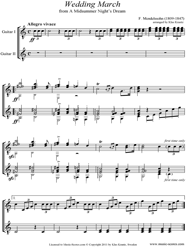 Front page of Op.61: Midsummer Nights Dream: Bridal March: Guitar Duet sheet music