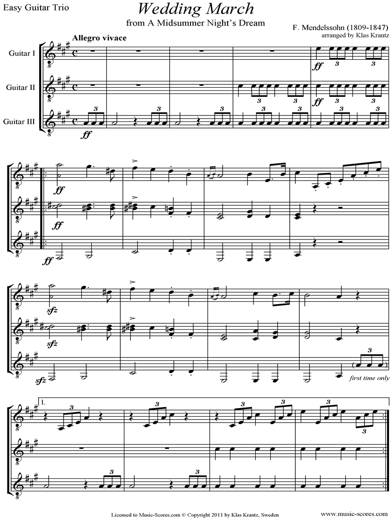 Op.61: Midsummer Nights Dream: Bridal March: Guitar Trio easy by Mendelssohn