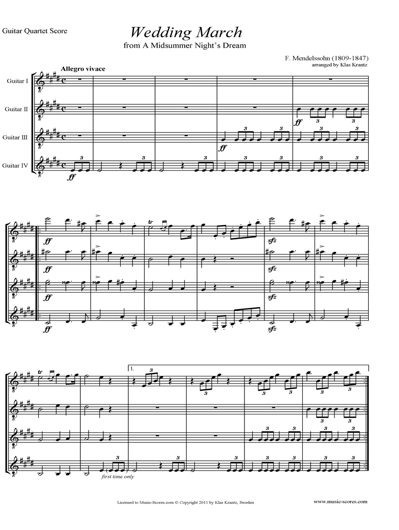 Op.61: Midsummer Nights Dream: Bridal March: Guitar Quartet by Mendelssohn