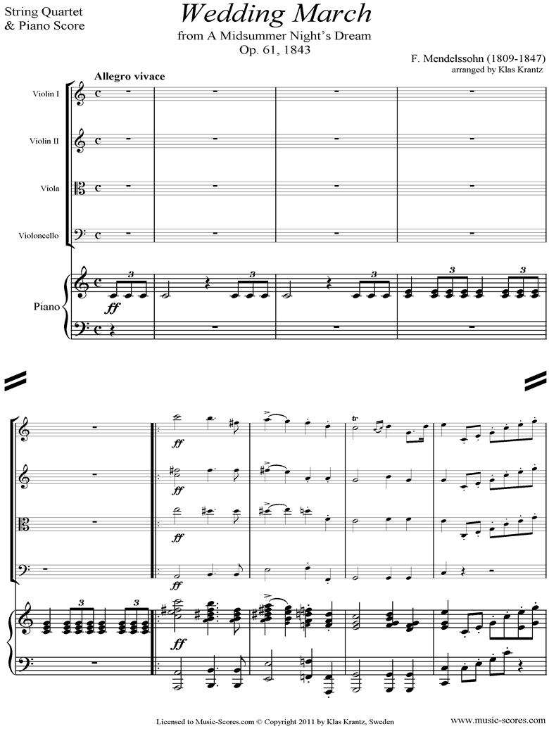 Front page of Op.61: Midsummer Nights Dream: Bridal March: Piano quintet sheet music