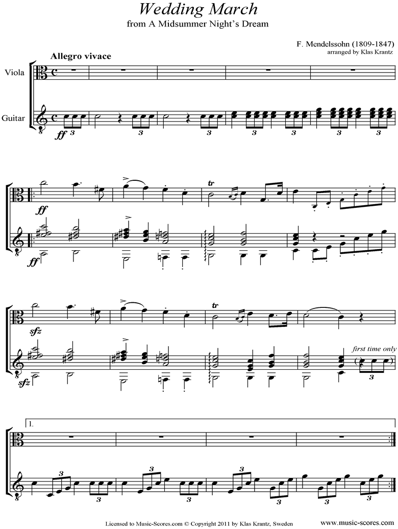 Front page of Op.61: Midsummer Nights Dream: Bridal March: Viola, Guitar sheet music