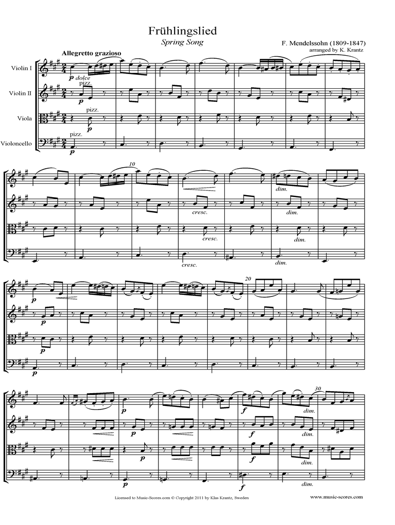 Front page of Op.62: Fruhlingslied:  String Quartet sheet music