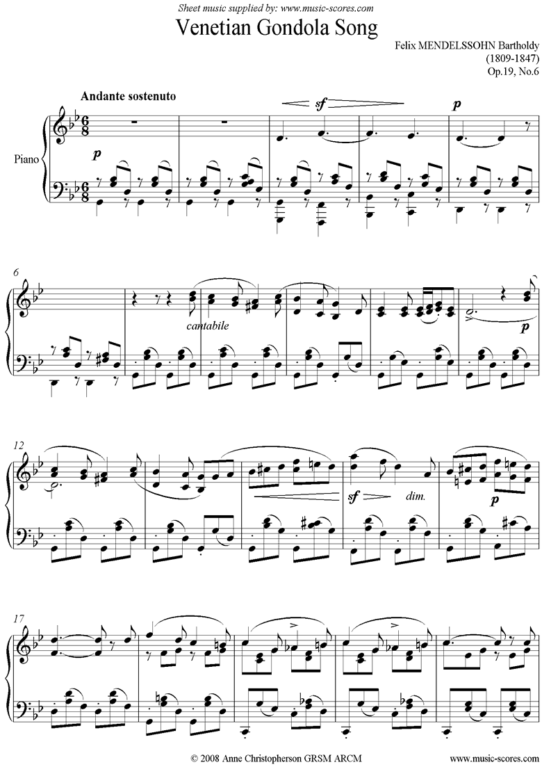 Front page of Op.19 No.6: Venetian Boat Song sheet music