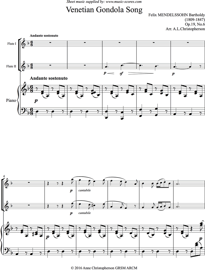 Op.19, No.6: Venetian Boat Song: 2 Flutes, Piano by Mendelssohn