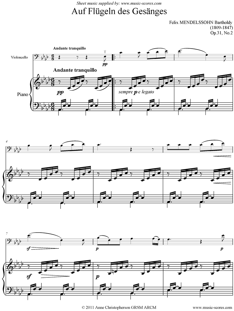 Front page of Op.31, No.2: Auf Flugeln des Gesanges: Cello, Piano sheet music