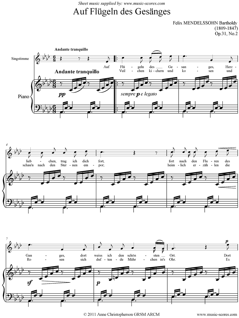 Front page of Op.31, No.2: Auf Flugeln des Gesanges: Voice, Piano sheet music