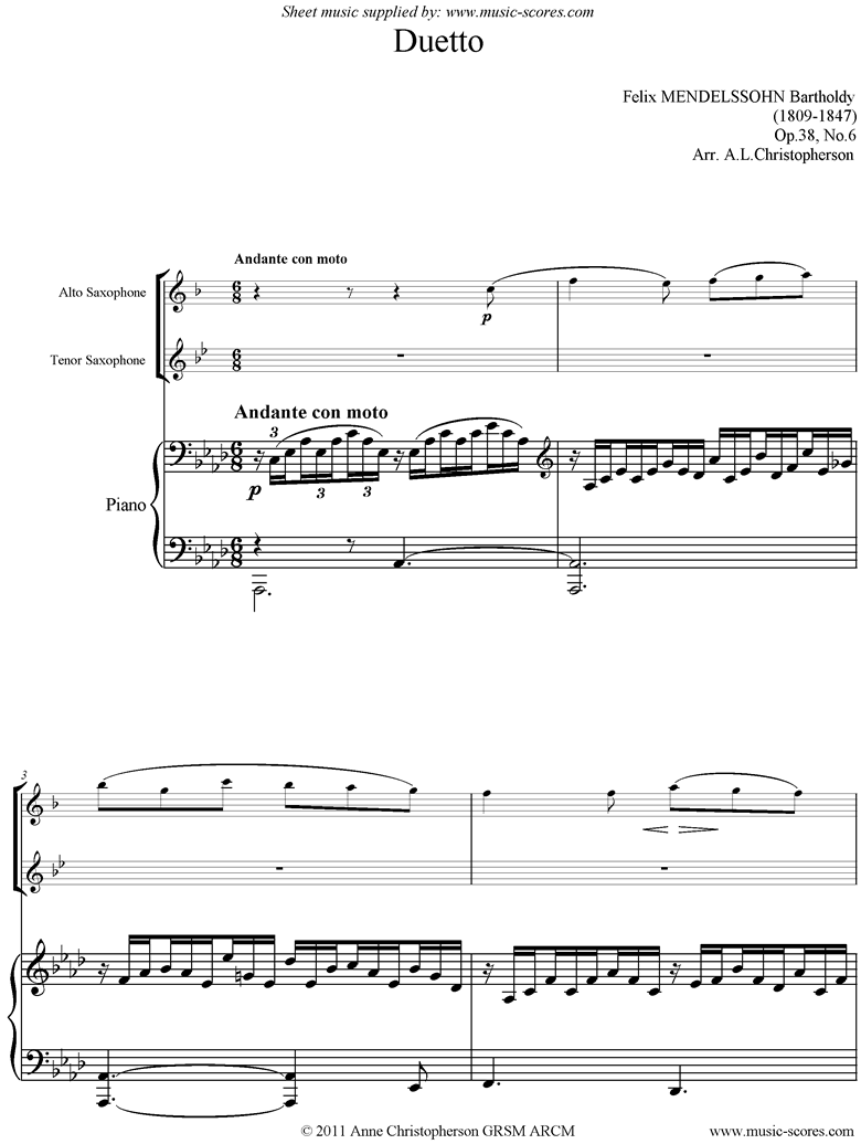 Front page of Op.38, No.6: Duetto: Song Without Words: Alto Sax, Tenor Sax, Piano sheet music