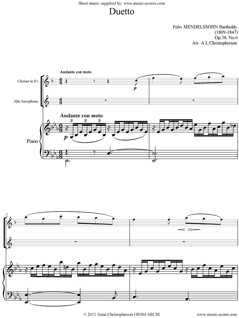 Front page of Op.38, No.6: Duetto: Song Without Words: Clarinet, Alto Sax, Piano sheet music