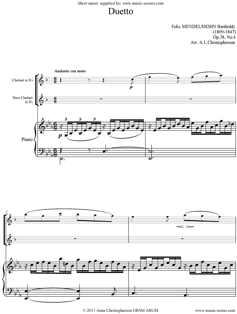 Front page of Op.38, No.6: Duetto: Song Without Words: Clarinet, Bass Clarinet, Piano sheet music