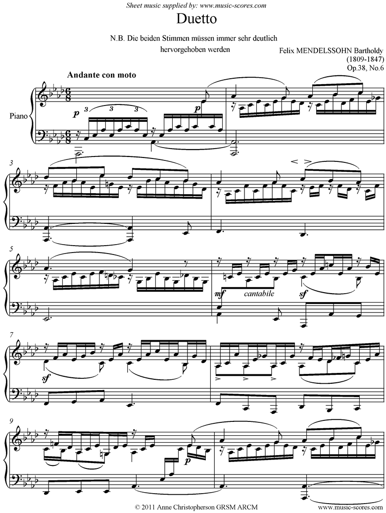 Mendelssohn. Op.38 No.6 Duetto Song Without Words classical sheet music