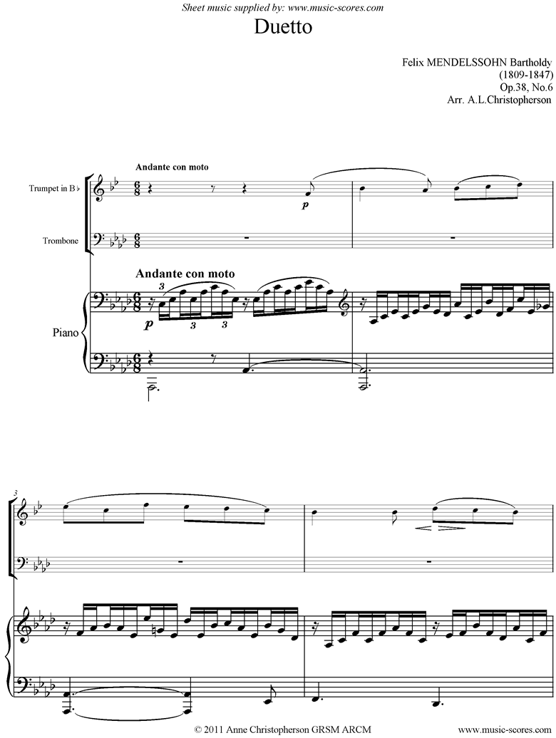 Front page of Op.38, No.6: Duetto: Song Without Words: Trumpet, Trombone, Piano sheet music