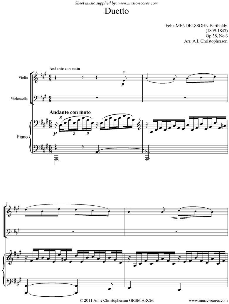 Front page of Op.38, No.6: Duetto: Song Without Words: Violin, Cello, Piano sheet music