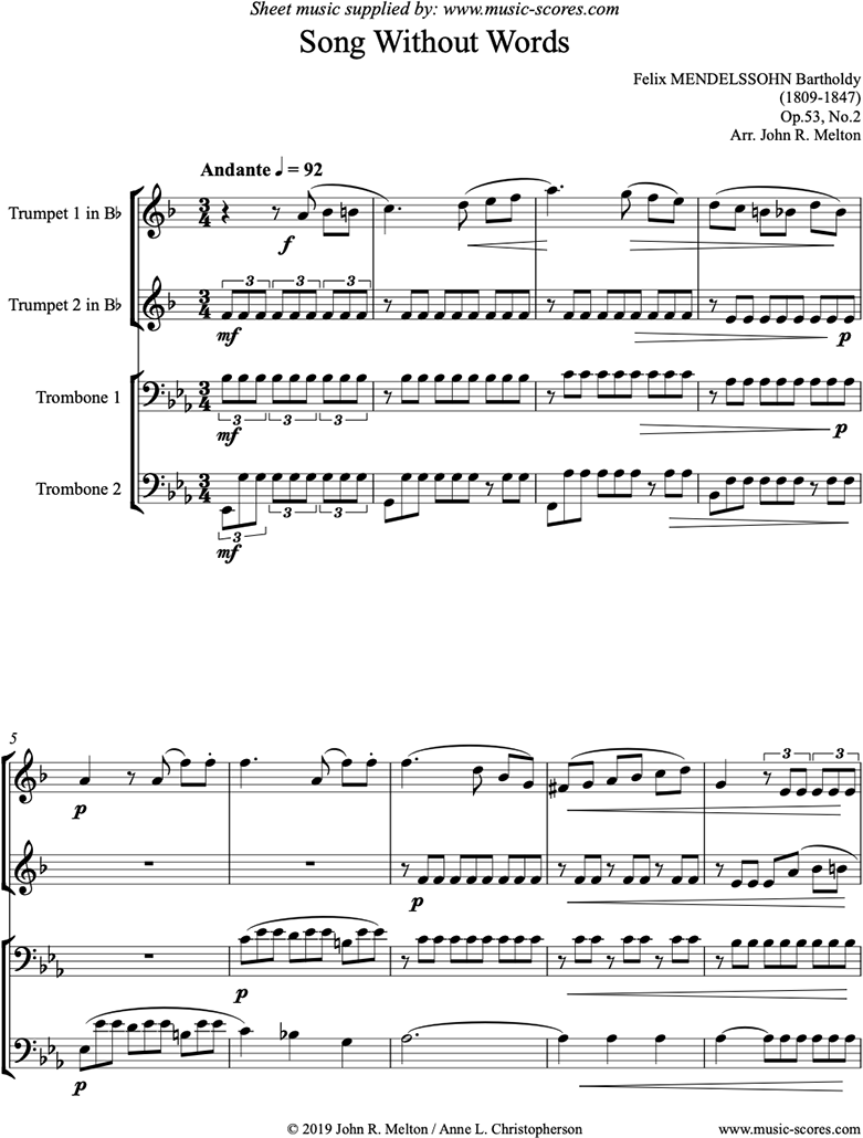 Front page of Op.53, No.2: Song without Words: Brass 4 sheet music