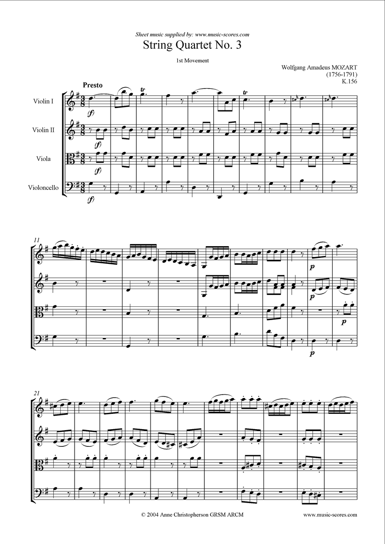 Front page of K156 String Quartet No 03: 1st Mvt, Presto sheet music