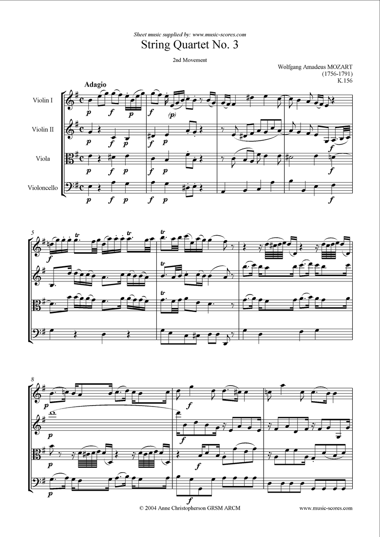 Front page of K156 String Quartet No 03: 2nd Mvt, Adagio sheet music