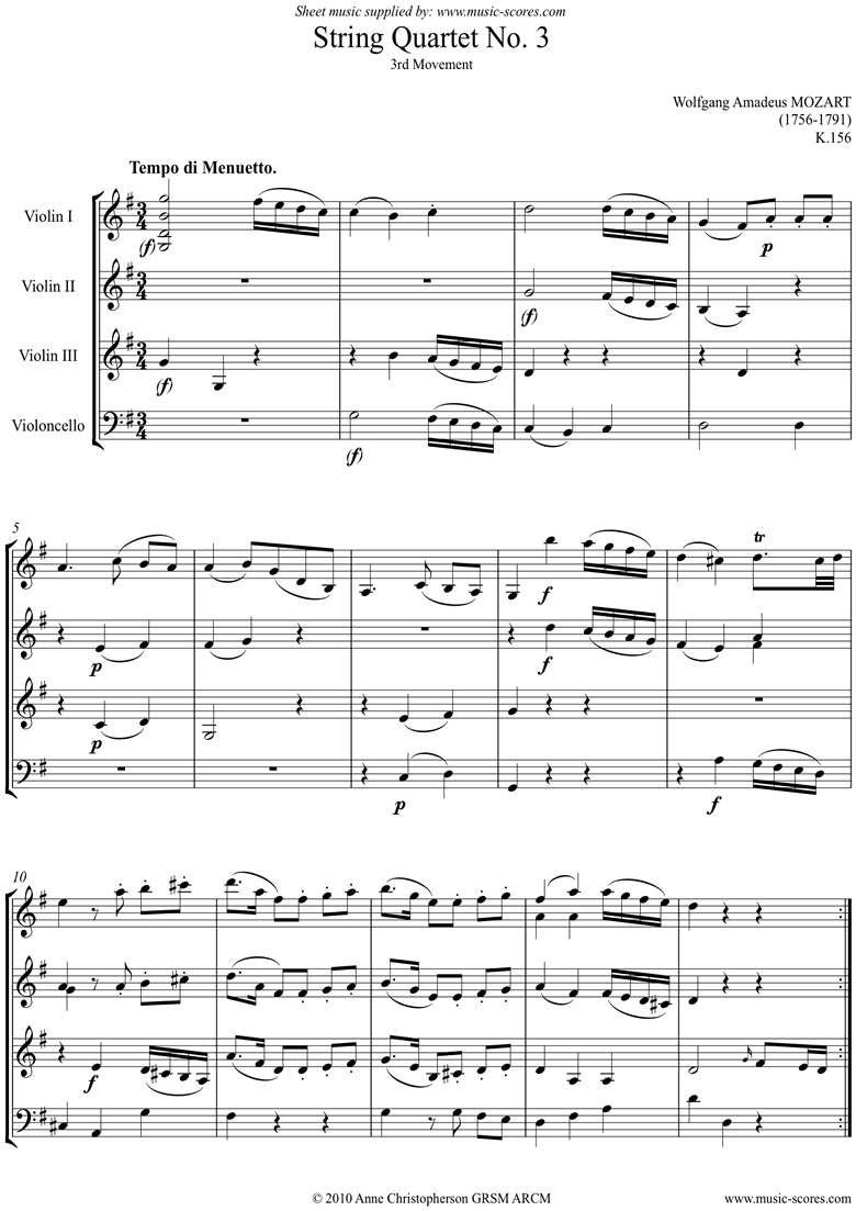 Front page of K156 Quartet No 03: 3rd Mvt, Minuet: 3 vns, Cello sheet music