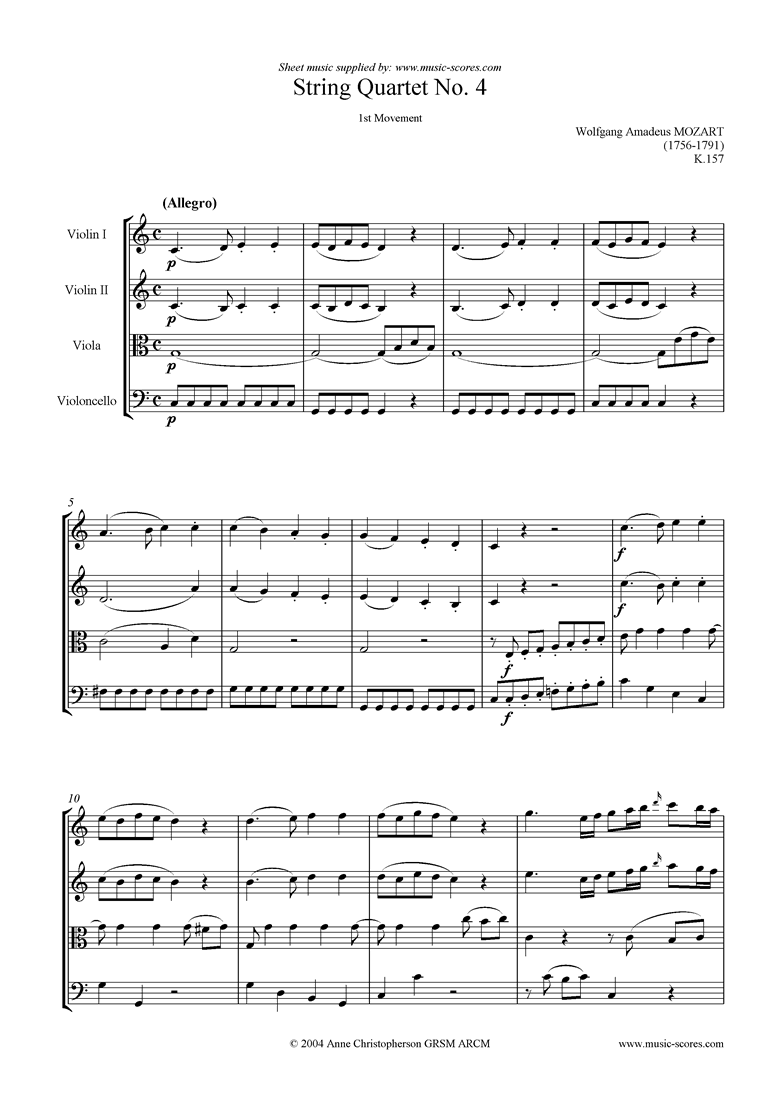 Front page of K157 String Quartet No 04: 1st Mvt, Allegro sheet music