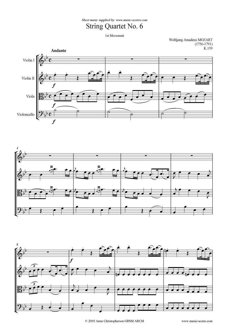 Front page of K159 String Quartet No 06: 1st mvt, Andante sheet music