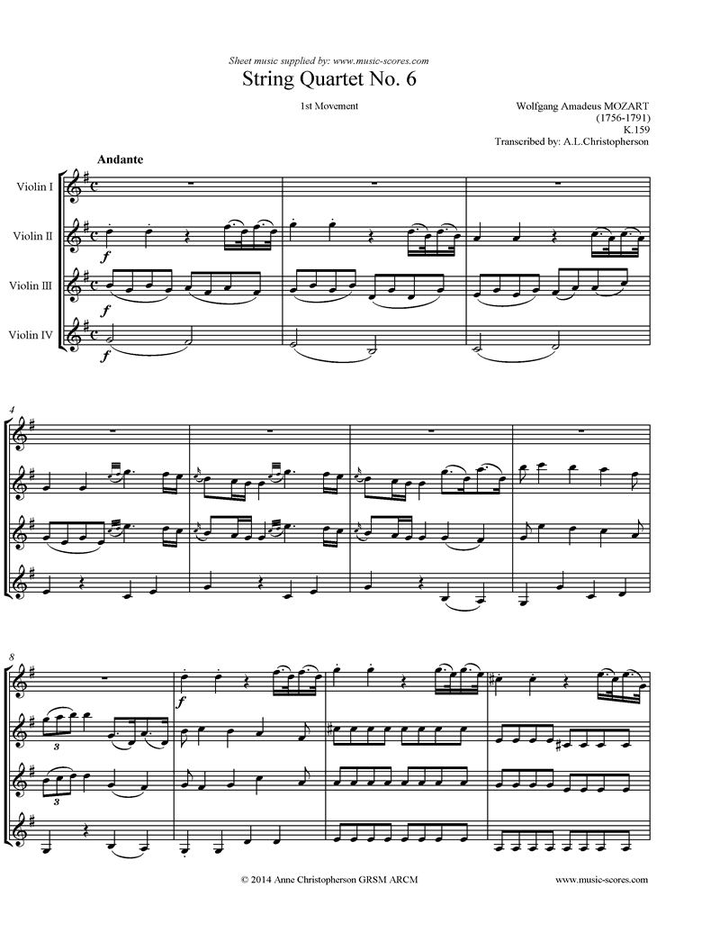 Front page of K159 Quartet No 06: 1st mvt, Andante: 4 Violins sheet music