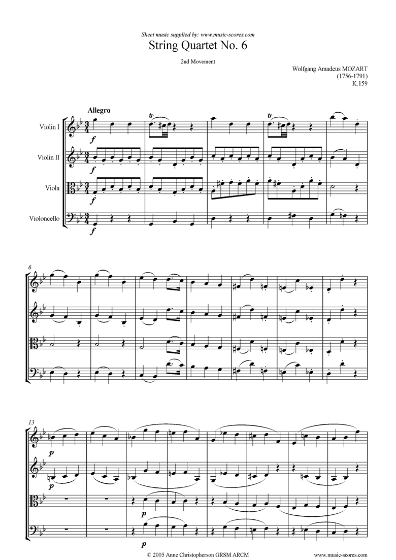 Front page of K159 String Quartet No 06: 2nd mvt, Allegro sheet music