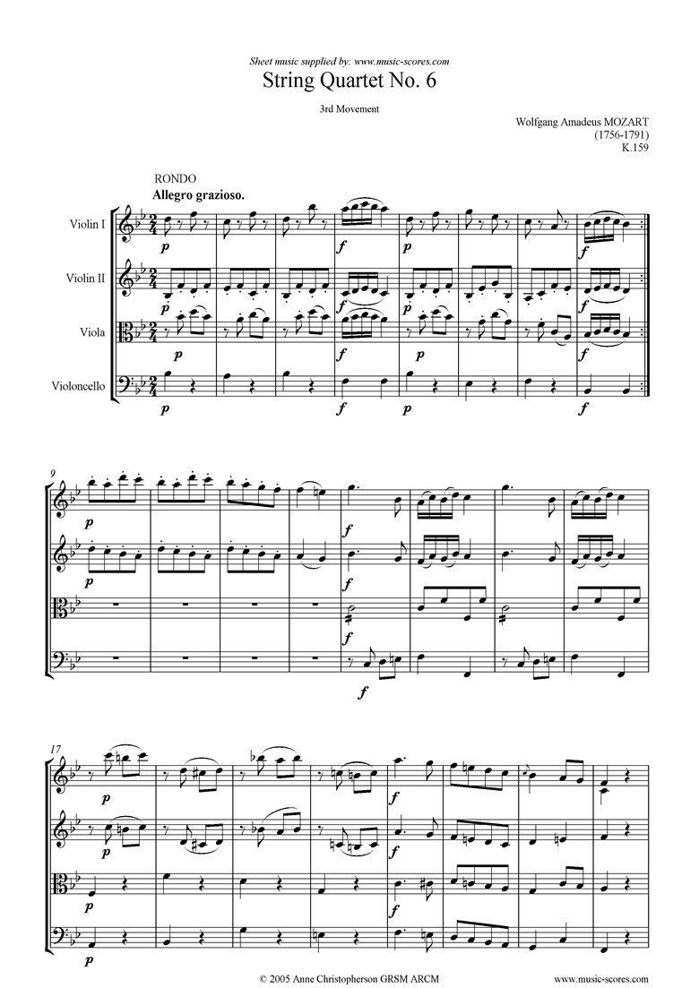 Front page of K159 String Quartet No 06: 3rd mvt, Rondo sheet music