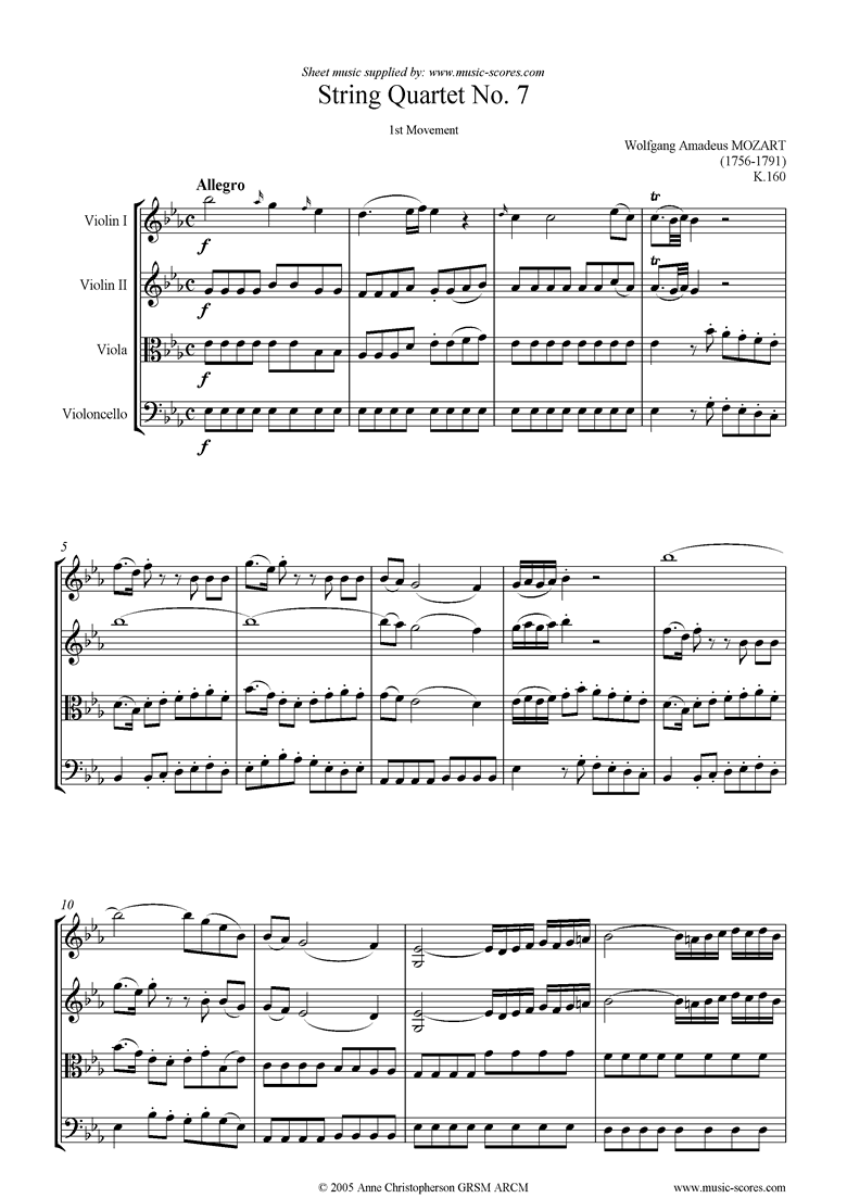 Front page of K160 String Quartet No 07: 1st mvt, Allegro sheet music