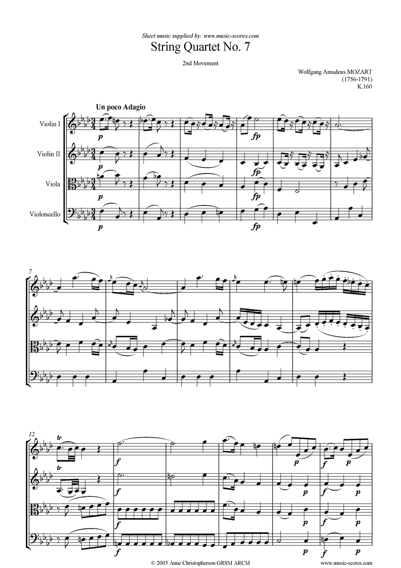 Front page of K160 String Quartet No 07: 2nd mvt, Adagio sheet music