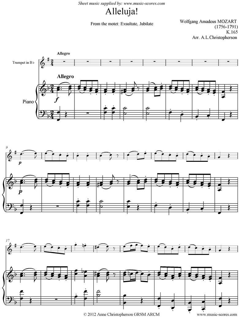 K165 Alleluja. Bb Trumpet and Piano by Mozart