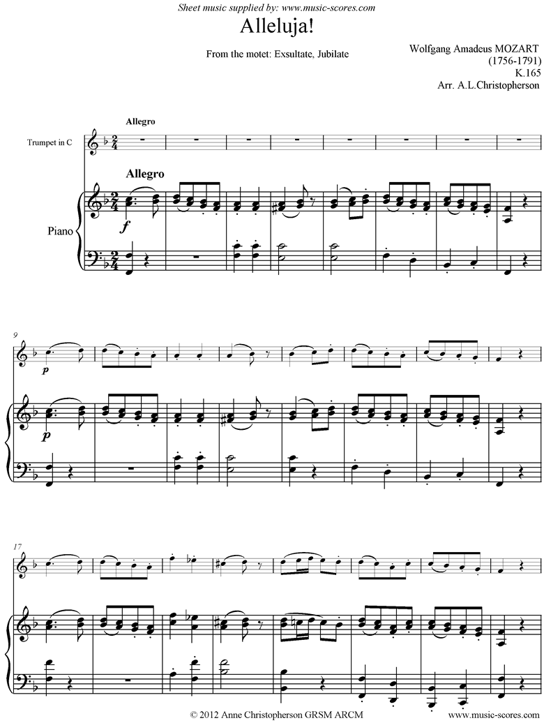 K165 Alleluja. C Trumpet and Piano by Mozart