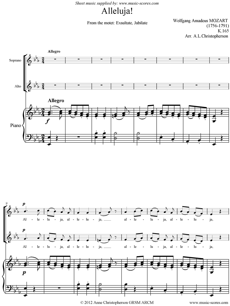 K165 Alleluja. SA and Piano by Mozart