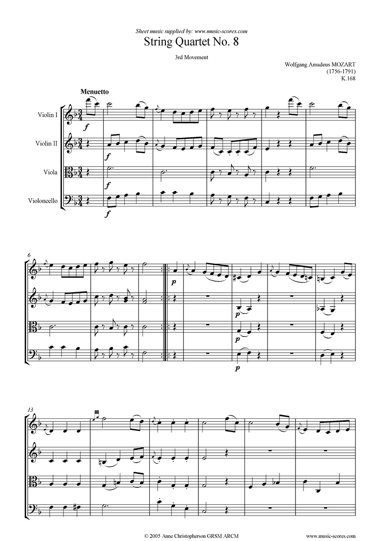 Front page of K168 String Quartet No 08: 3rd mvt, Minuet Trio sheet music
