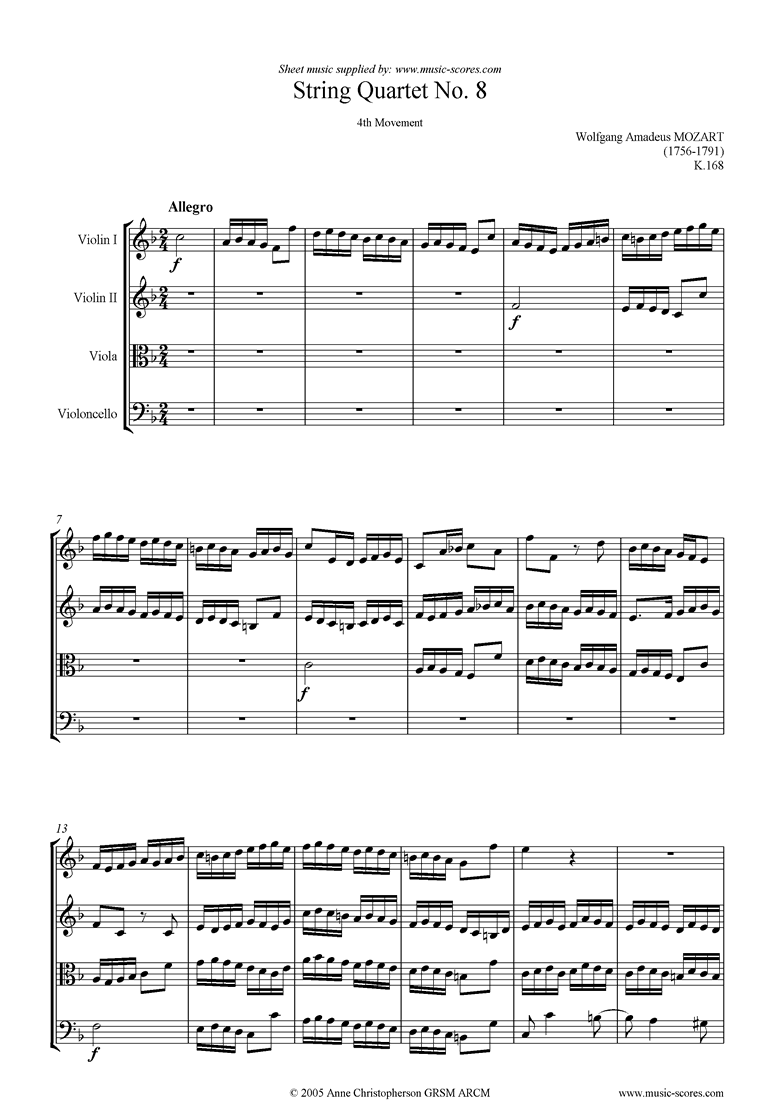 Front page of K168 String Quartet No 08: 4th mvt, Allegro sheet music