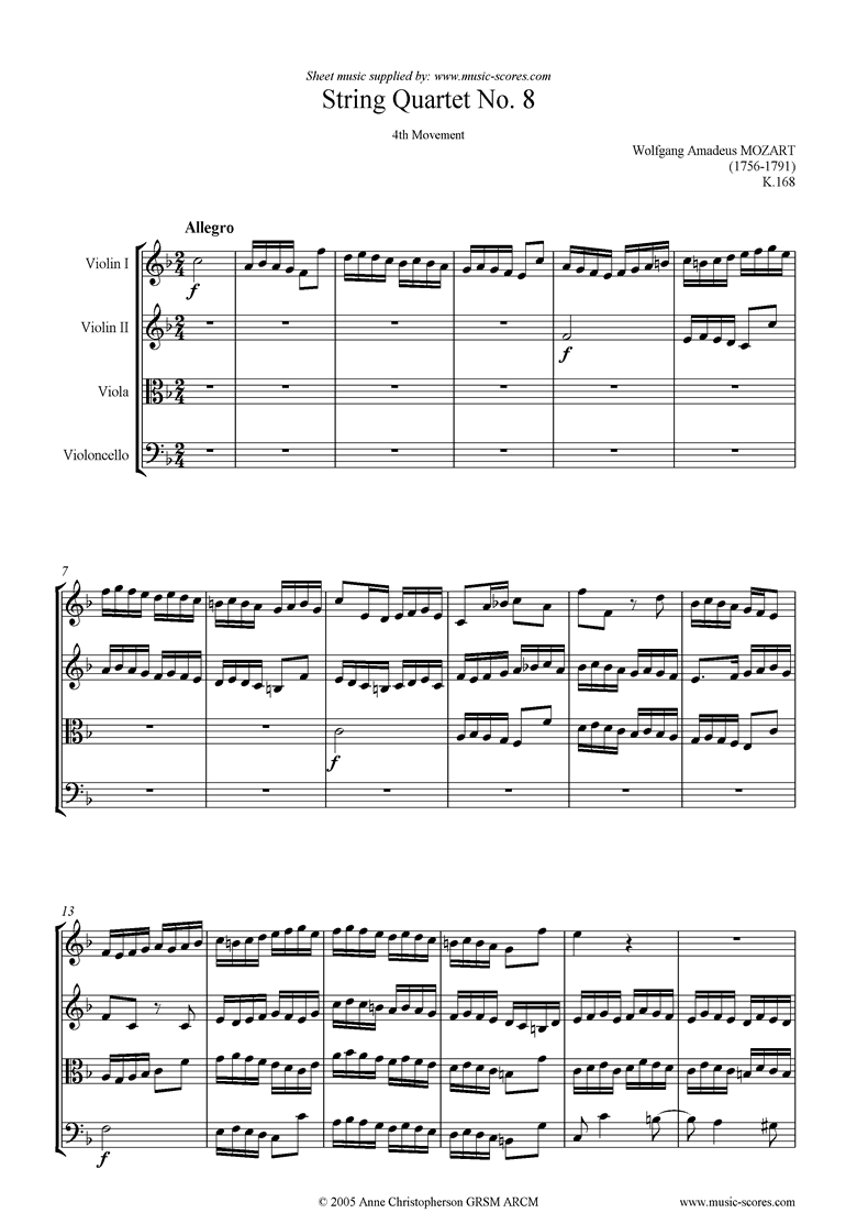 K168 String Quartet No 08: 4th mvt, Allegro by Mozart