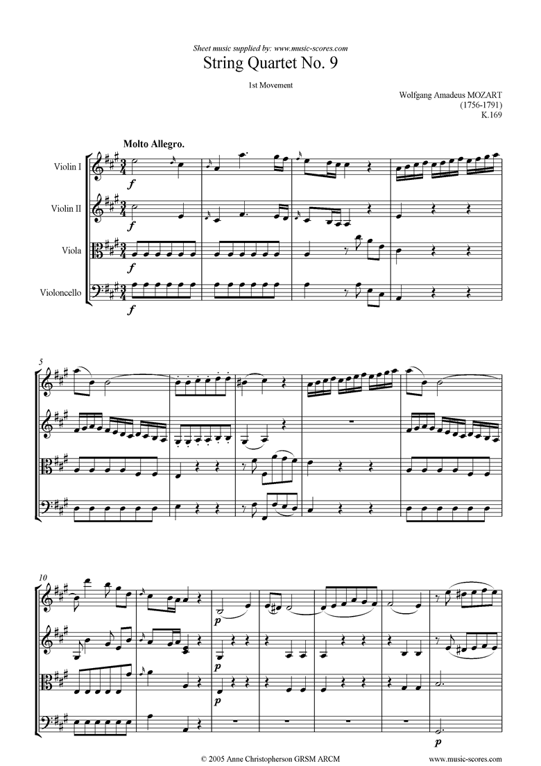 Front page of K169 String Quartet No 09: 1st mvt, Molto Allegro sheet music