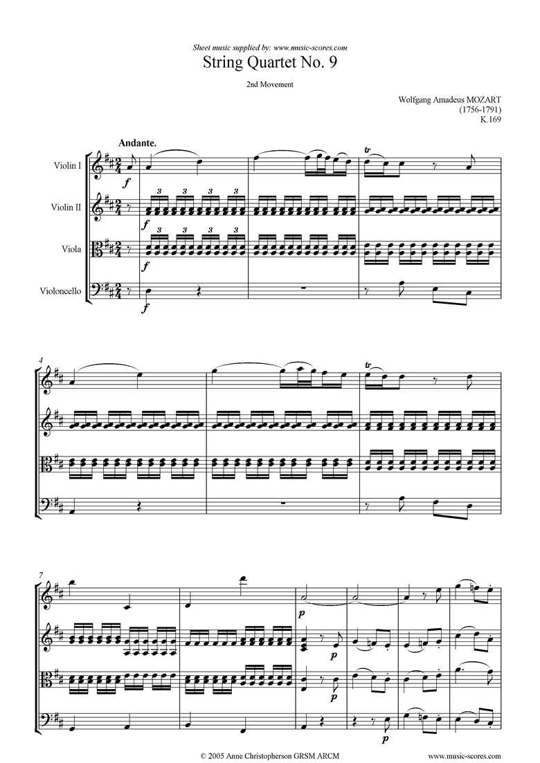 Front page of K169 String Quartet No 09: 2nd mvt, Andante sheet music