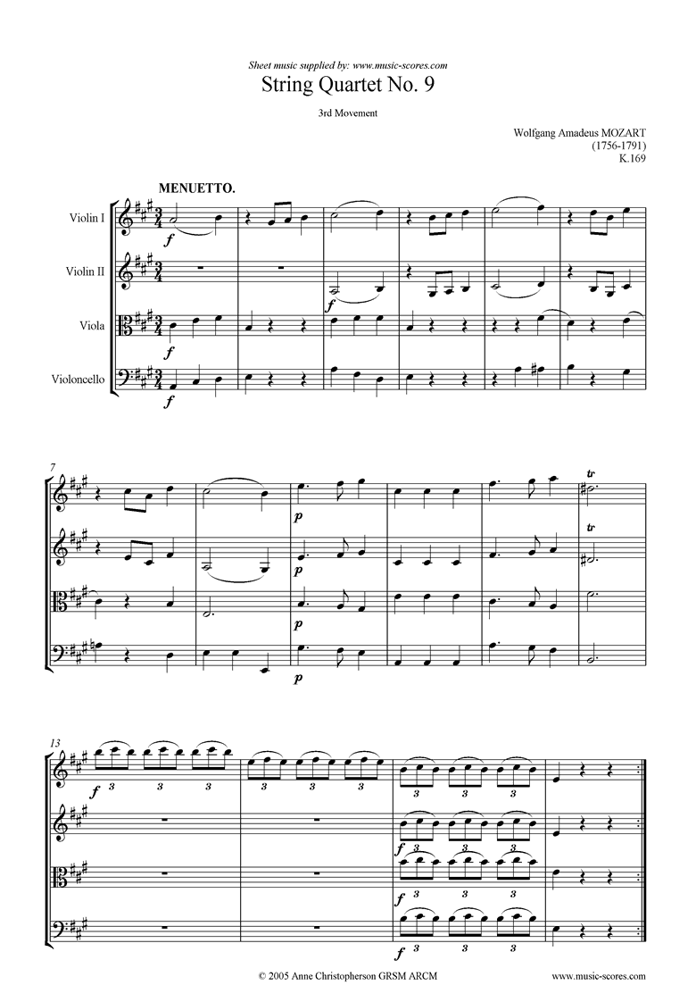 Front page of K169 String Quartet No 09: 3rd mvt, Minuet Trio sheet music