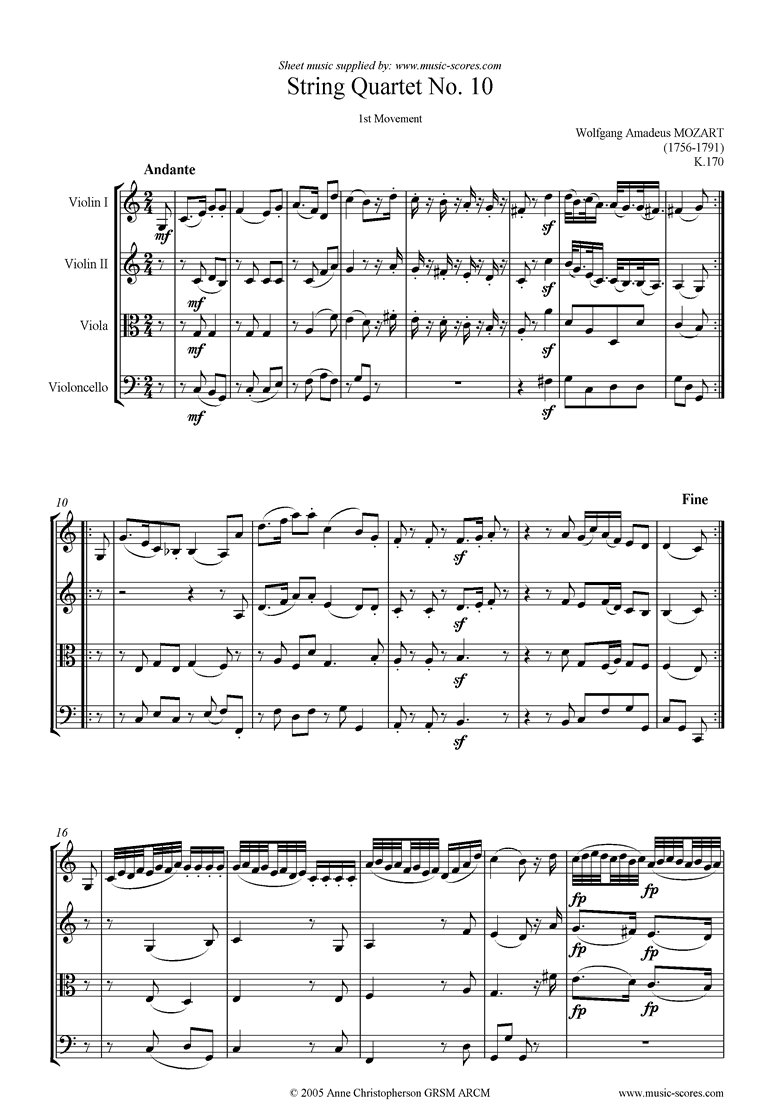 Front page of K170 String Quartet No 10: 1st mvt, Andante sheet music