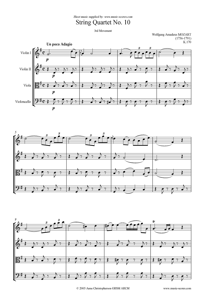 Front page of K170 String Quartet No 10: 3rd mvt, Adagio sheet music