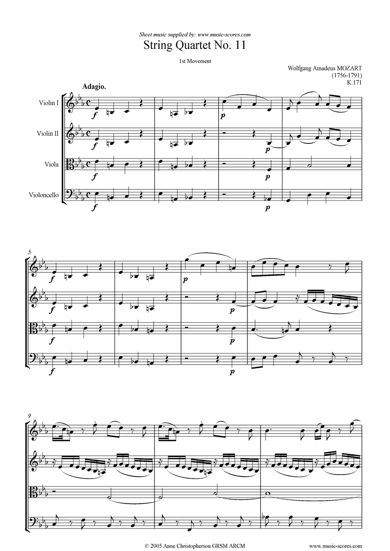 Front page of K171 String Quartet No 11: 1st mvt, Adagio sheet music