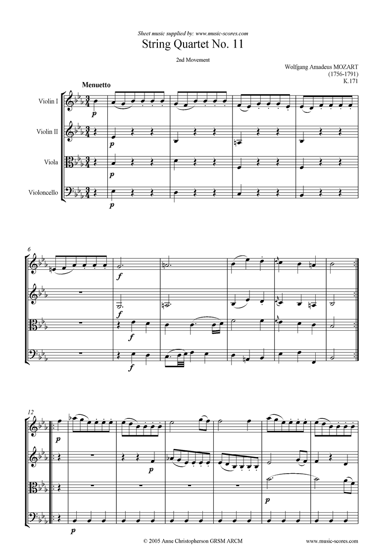Front page of K171 String Quartet No 11: 2nd mvt, Minuet sheet music