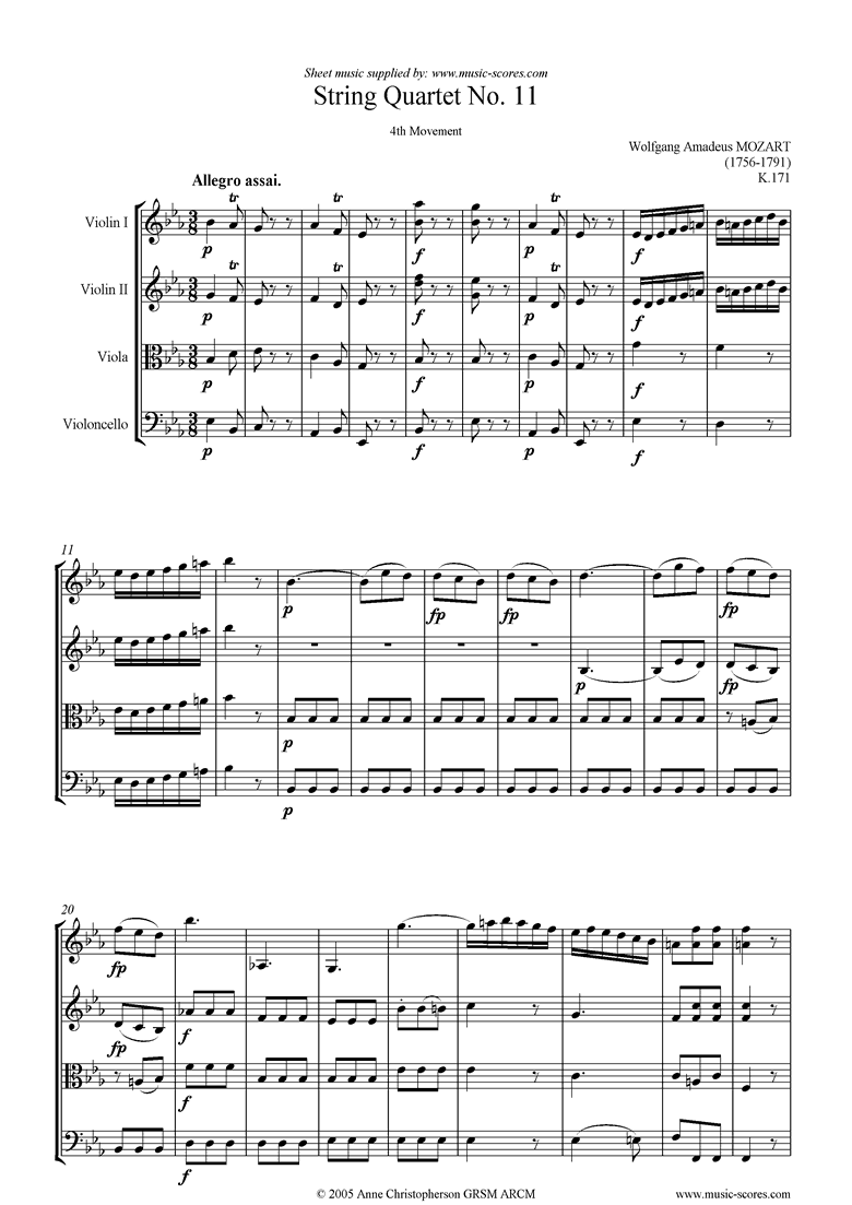 Front page of K171 String Quartet No 11: 4th mvt, Allegro sheet music