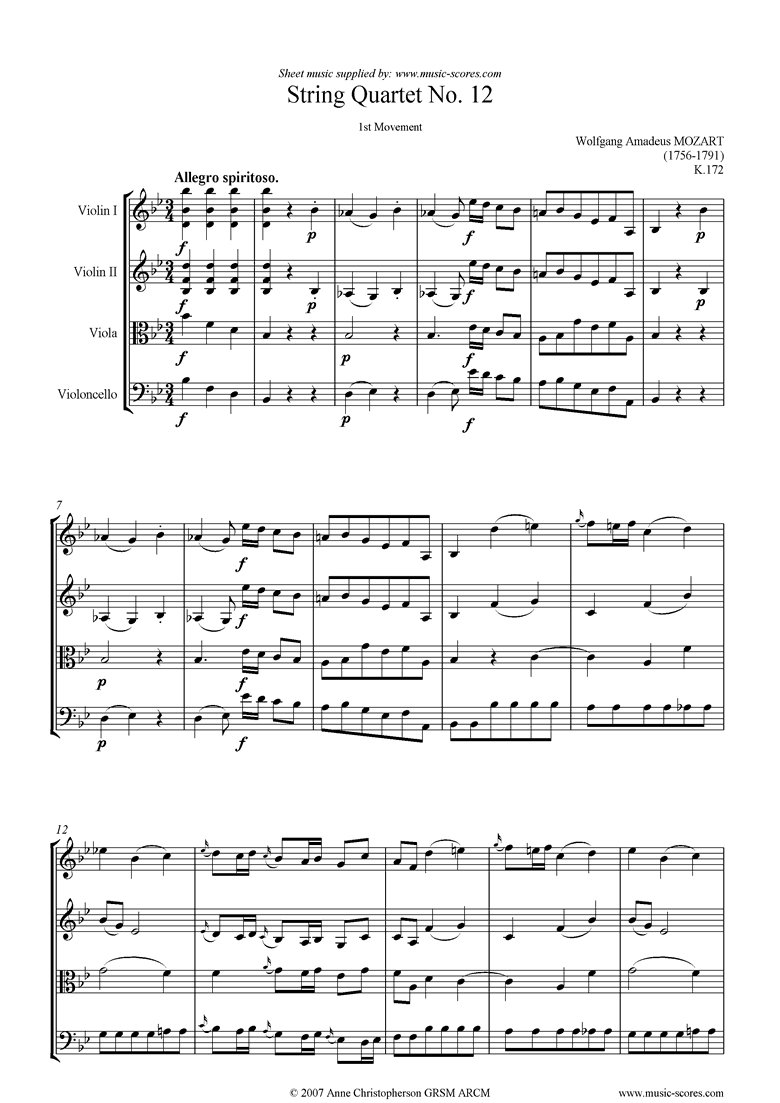 Front page of K172 String Quartet No 12: 1st mvt, Allegro sheet music
