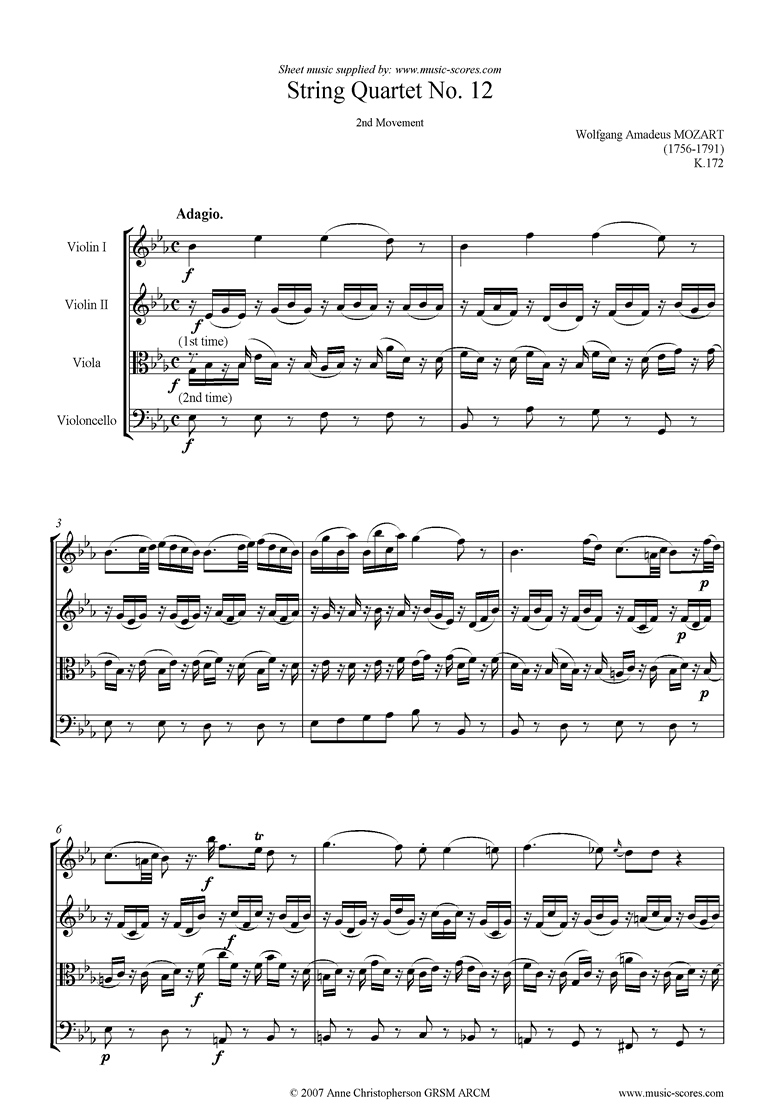 Front page of K172 String Quartet No 12: 2nd mvt, Adagio sheet music