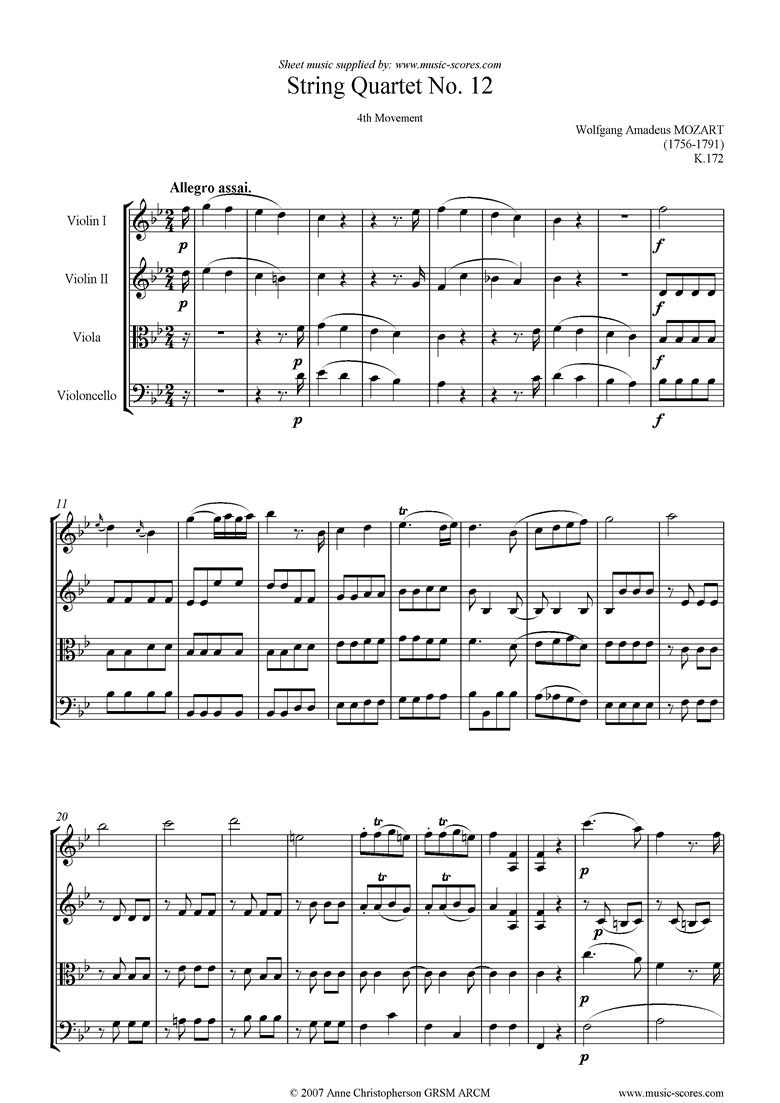 Front page of K172 String Quartet No 12: 4th mvt, Allegro sheet music