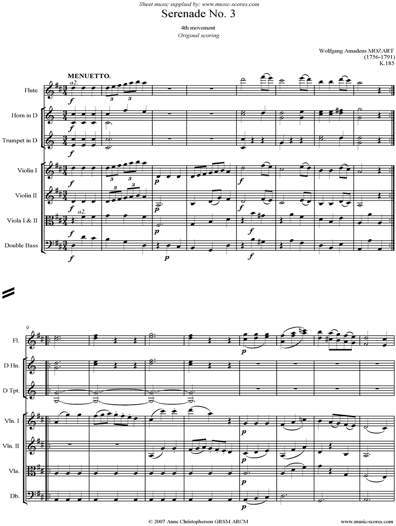 Front page of K185 Serenade No.3: 4th Mvt: Menuetto sheet music