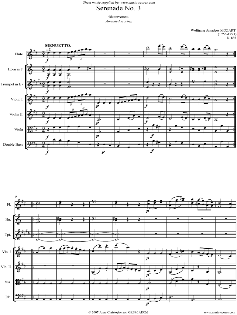 Front page of K185 Serenade No.3: 4th Mvt: Menuetto sheet music