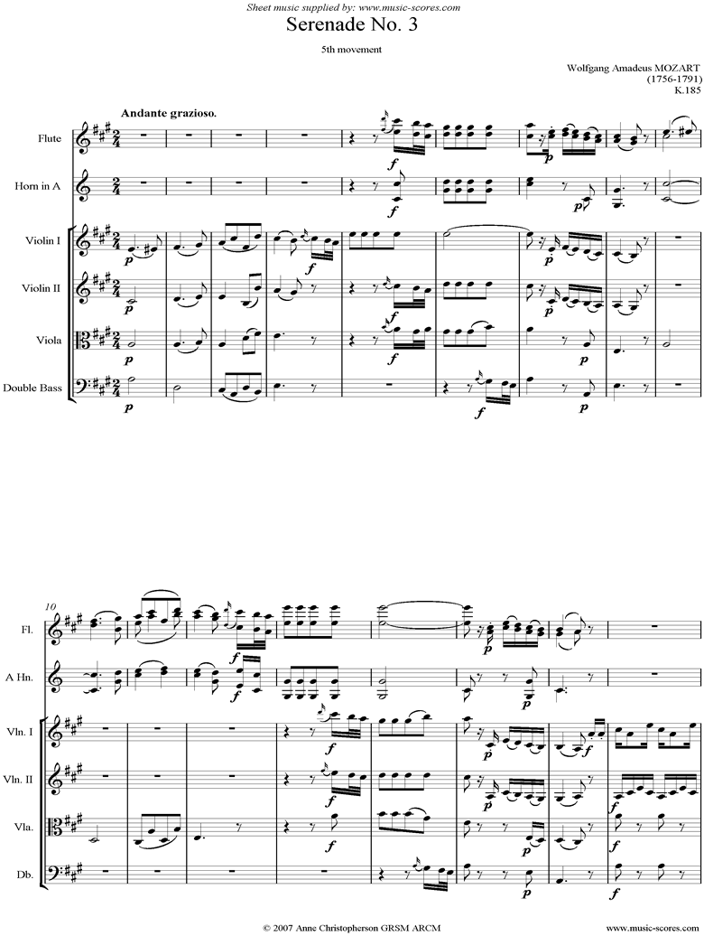 Front page of K185 Serenade No.3: 5th Mvt: Andante grazioso sheet music