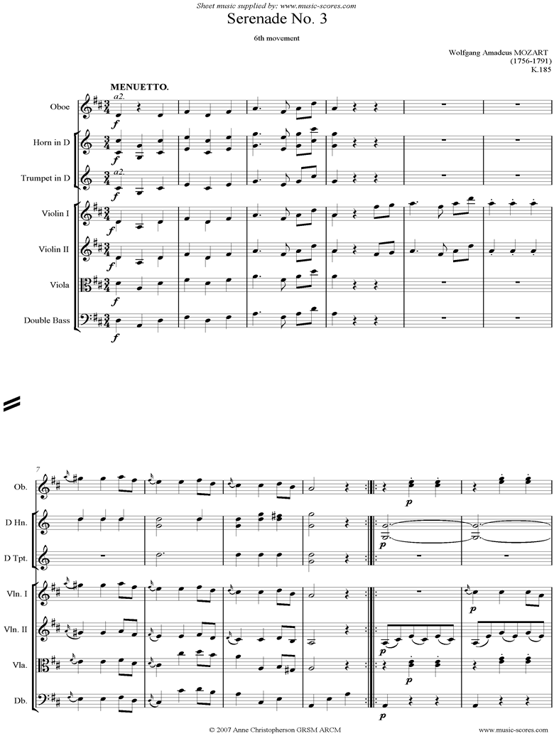Front page of K185 Serenade No.3: 6th Mvt: Menuetto sheet music