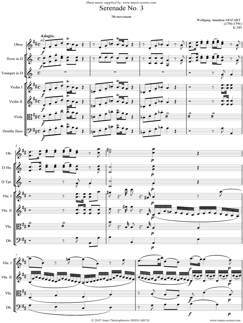 Front page of K185 Serenade No.3: 7th Mvt: Adagio_ Allegro sheet music