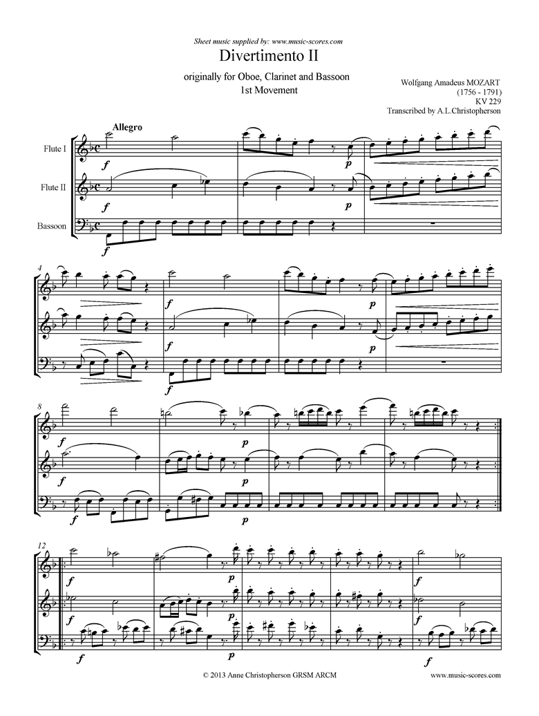 K439b, K.Anh229 Divertimento No 02: 1st mvt, Allegro: 2fls, Fg: Higher by Mozart